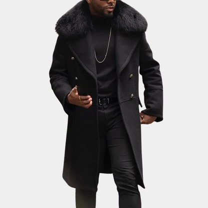 Männer Wintermantel schwarz mit Fellkragen, eleganter Wollmantel, modische Herrenbekleidung.