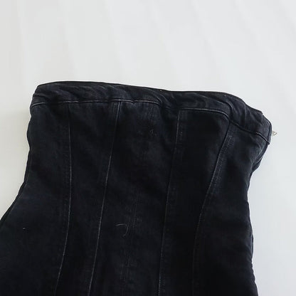 Schwarzes Denim-Korsett, figurbetont, modisch, Damenbekleidung, elegant, vielseitig.