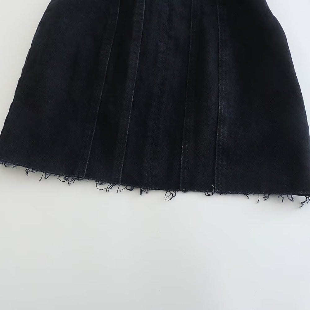 Schwarzer Jeansrock mit ausgefranstem Saum, Damenmode, lässiger Stil, Baumwolle.