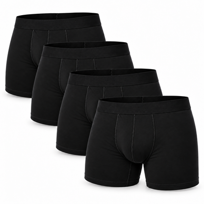 Fyra svarta boxerkalsonger staplade i en rad, sedda framifrån, som visar ett flerpack. 12