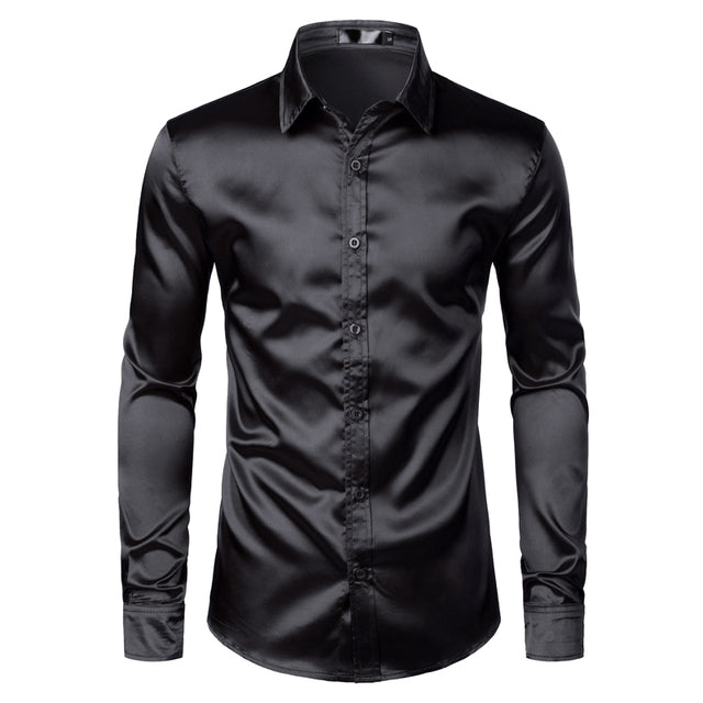 Schwarzes Satinhemd für Herren, langärmelig, Slim Fit, elegant, Party-Mode.