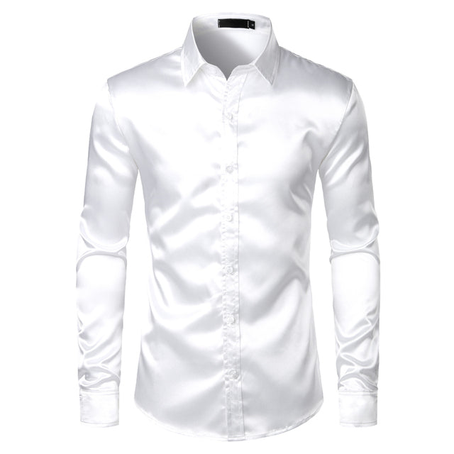 Weiße Satin-Hemd für Herren, langärmelig, Slim Fit, elegant, ideal für Partys.