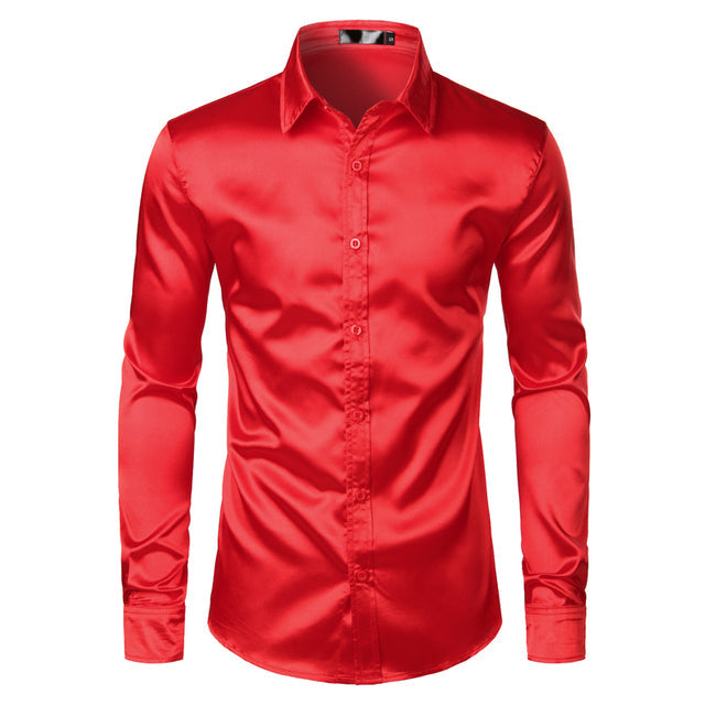 Rotes Satinhemd für Herren, langärmelig, Slim Fit, elegantes Party-Outfit.