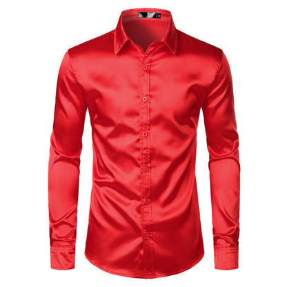 Rotes Satinhemd für Herren, langärmelig, Slim Fit, elegantes Party-Outfit.