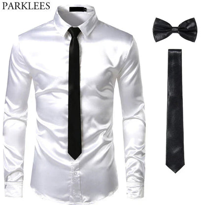 Weißes Satinhemd mit schwarzer Krawatte und Fliege, Herrenmode, Slim Fit, Party-Outfit.