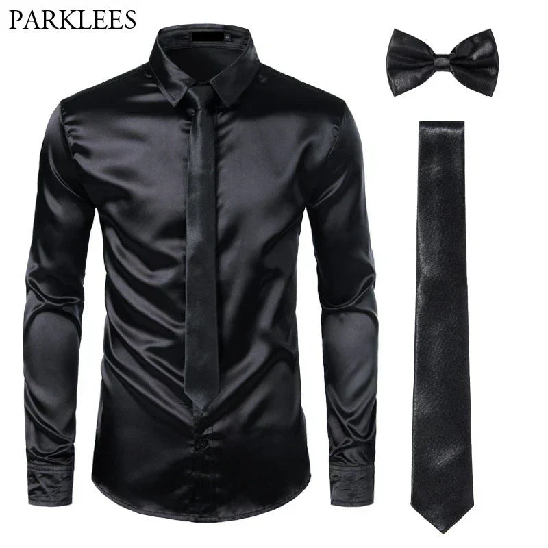 Schwarzes Satinhemd für Herren mit Krawatte und Fliege, Slim Fit, Party-Outfit.