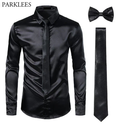 Schwarzes Satinhemd für Herren mit Krawatte und Fliege, Slim Fit, Party-Outfit.