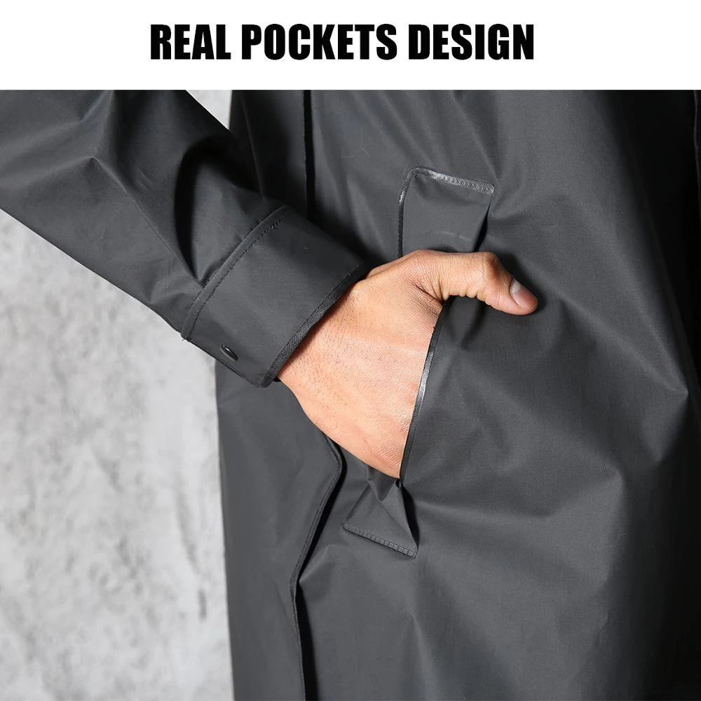 Schwarzer wasserdichter Regenmantel mit Kapuze, echte Taschen, Unisex, Outdoor-Aktivitäten.