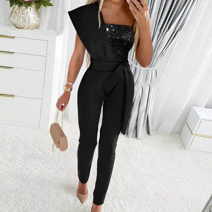 Eleganter schwarzer Jumpsuit mit Pailletten-Top und Gürtel, Damenmode, Abendkleidung.