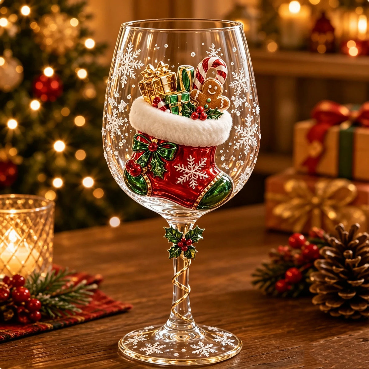 Glas med reliefmotiv av en röd julstrumpa med vit kant, fylld med paket, polkagris och pepparkaksgubbe 6