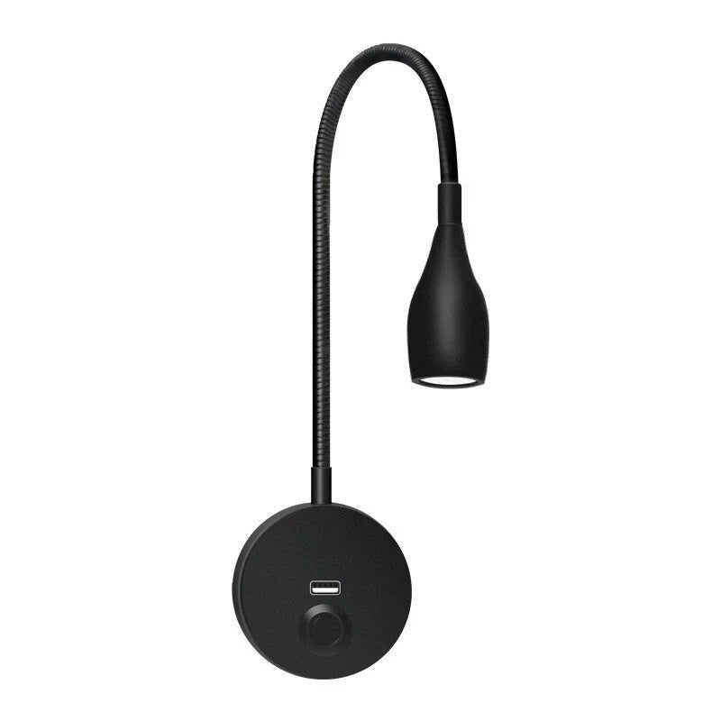 Schwarze LED-Leselampe mit flexiblem Hals und USB-Anschluss, modern und energieeffizient.