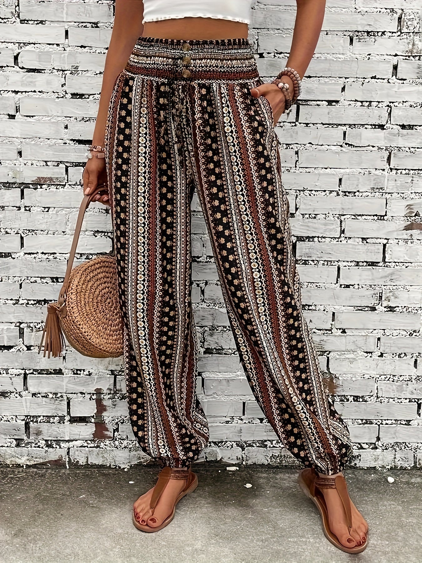 Boho Högmidjade Dambyxor med tryck och smockad midja – Linara