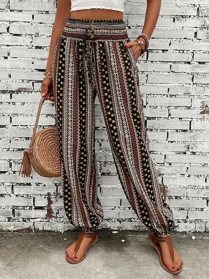 Boho Högmidjade Dambyxor med tryck och smockad midja – Linara