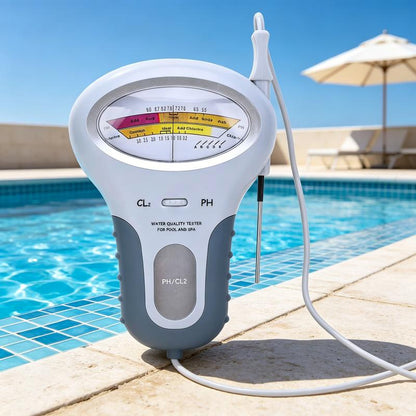 Testaren står på poolkanten med sonden fastklickad längs sidan och en parasoll i bakgrunden. 3