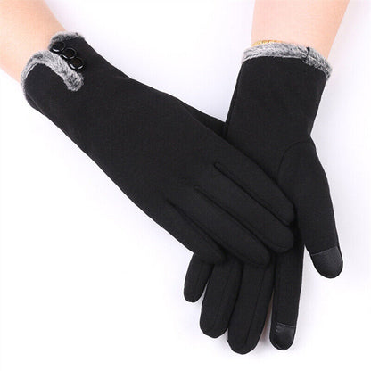 Schwarze Damenhandschuhe mit grauem Kunstfell, Touchscreen-kompatibel, elegant und warm.