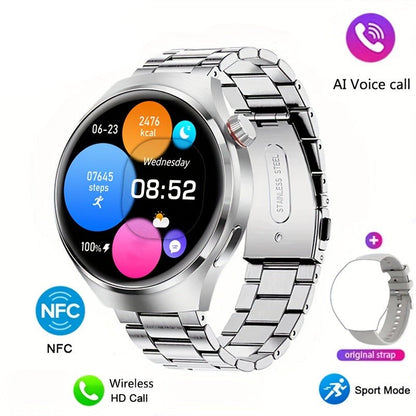 Silberne Smartwatch mit NFC, AI-Sprachsteuerung, Sportmodus, Edelstahlarmband.