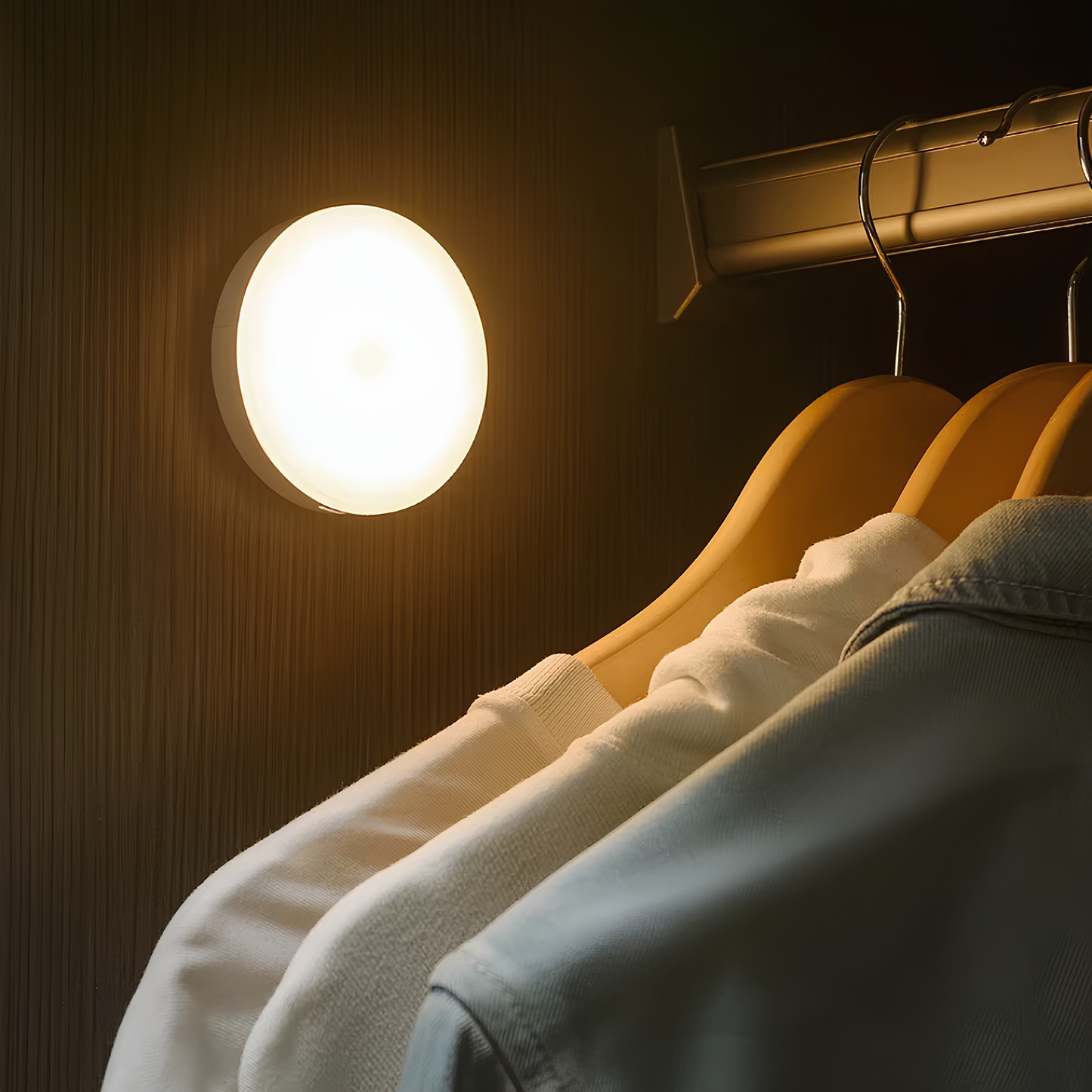 LED-Wandleuchte im Kleiderschrank, warmweißes Licht, moderne Beleuchtung, energiesparend.