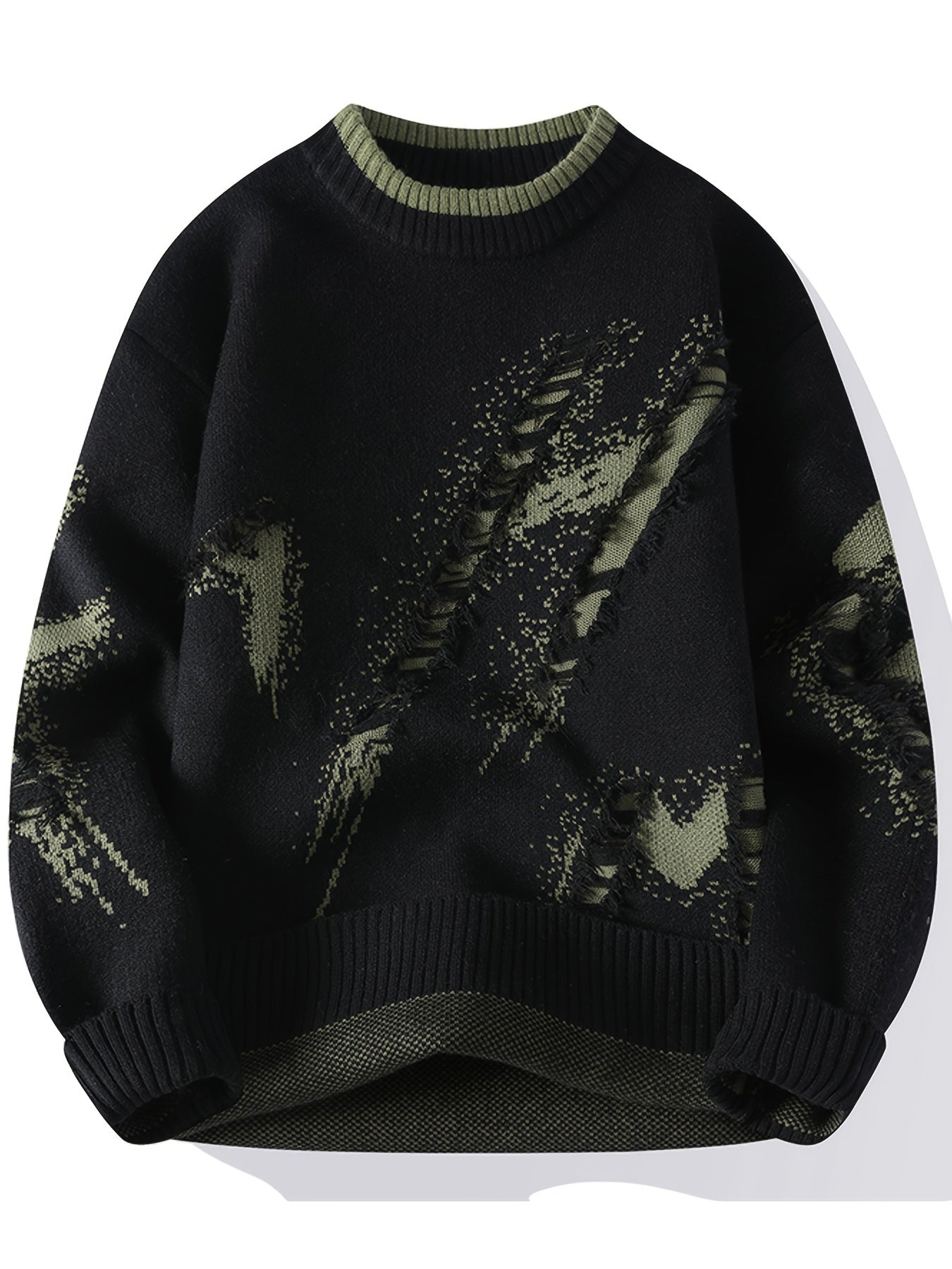 Schwarzer Strickpullover mit grünem Muster, Herrenmode, Winterkleidung, Baumwolle.