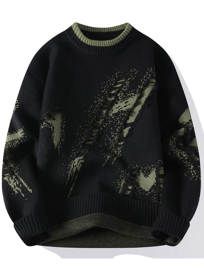 Schwarzer Strickpullover mit grünem Muster, Herrenmode, Winterkleidung, Baumwolle.