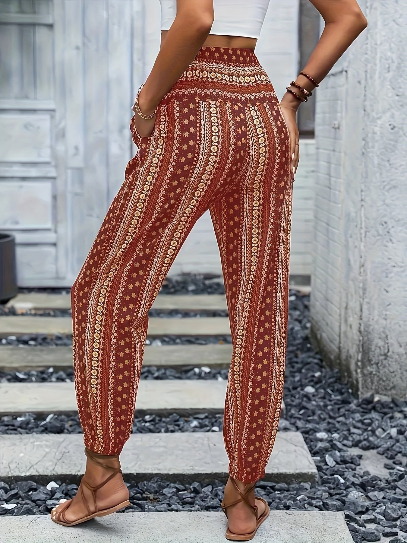 Boho Högmidjade Dambyxor med tryck och smockad midja – Linara
