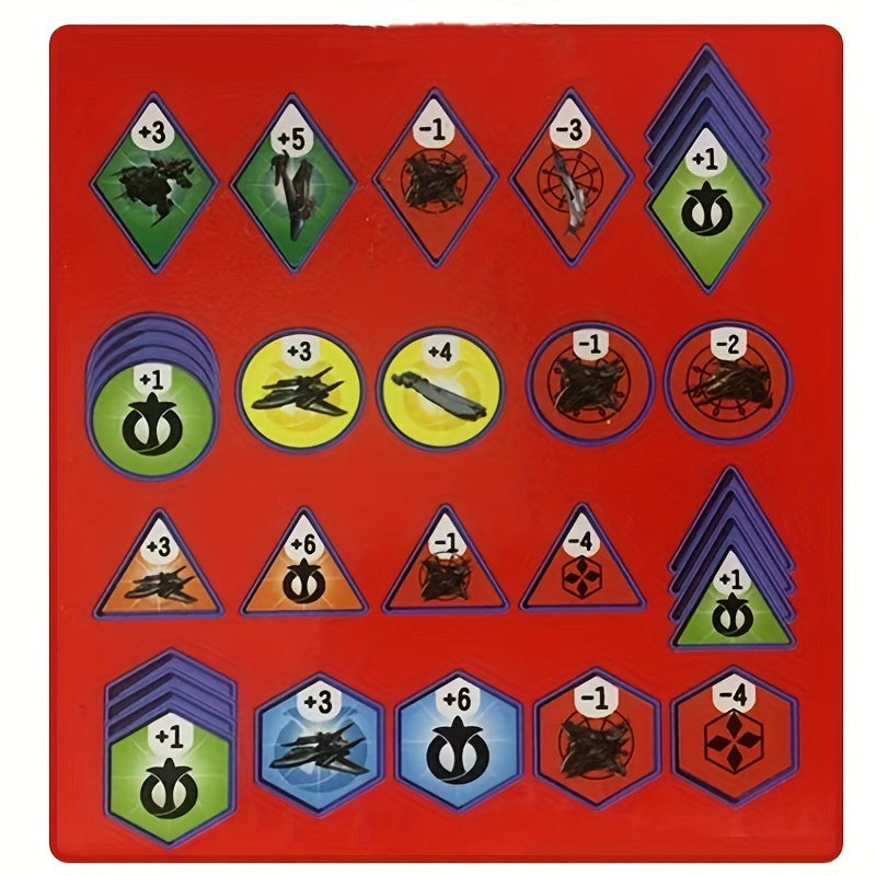 Rotes Spielbrett mit bunten Spielmarken, Zahlen und Symbolen für Brettspielstrategien.