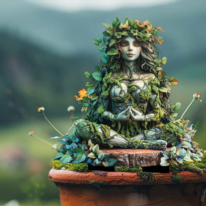 Meditationsfigur med slutna ögon och bladkrans, sittande i en terrakottakruka med suddig dal i bakgrunden. 20