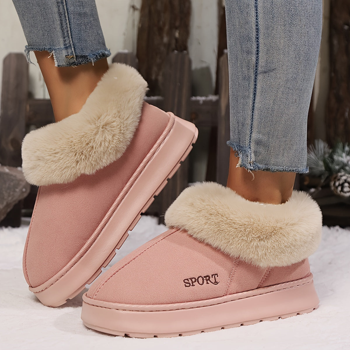 Damen Hausschuhe rosa, Kunstfell, rutschfest, warm, Winter, gemütlich, modisch, Sport-Stil.