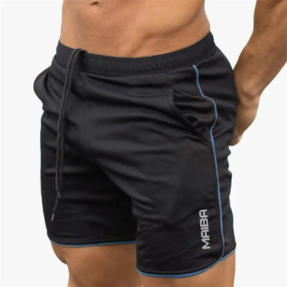 Schwarze Herren-Trainingsshorts mit blauen Nähten, elastischer Bund, Sportbekleidung.