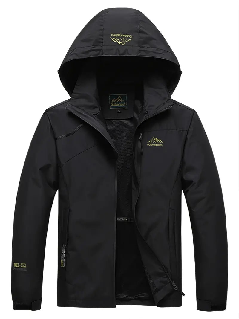 Schwarze Outdoor-Jacke mit Kapuze, wasserabweisend, atmungsaktiv, ideal für Wandern und Trekking.
