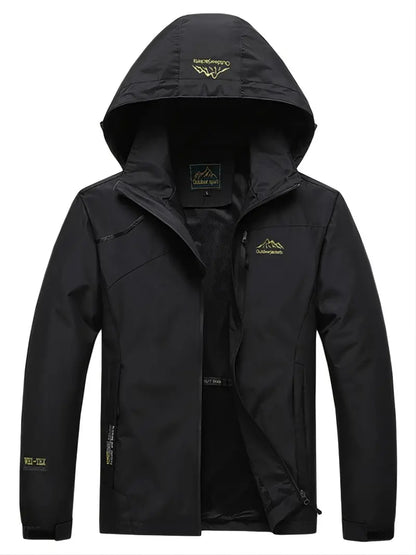 Schwarze Outdoor-Jacke mit Kapuze, wasserabweisend, atmungsaktiv, ideal für Wandern und Trekking.