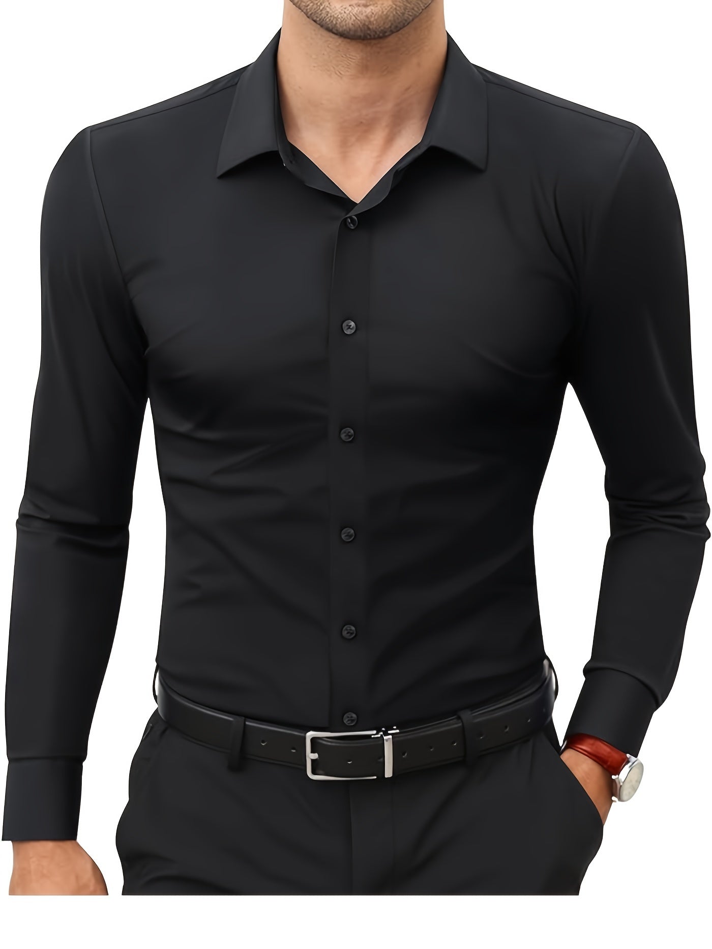 Schwarzes Herrenhemd, langärmelig, Knopfleiste, eleganter Business-Look, Slim-Fit.