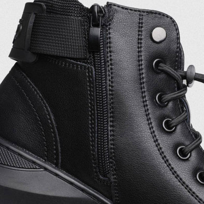 Schwarzer Lederstiefel mit Reißverschluss und Schnürung, modisch, robust, für Damen.