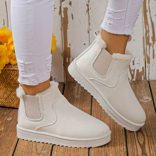 Weiße Damen-Stiefeletten mit Fellfutter, rutschfeste Sohle, modisch, bequem, Herbst-Winter.