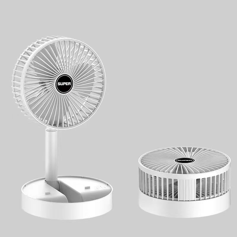 Weißer tragbarer Tischventilator, USB-betrieben, kompakt, leise, für Büro und Zuhause.