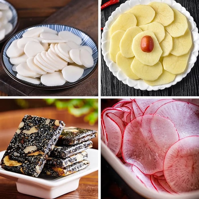 Verschiedene asiatische Gemüsechips und Snacks auf Tellern, Nahaufnahme, bunte Vielfalt.