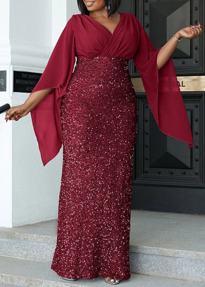 Elegantes burgunderrotes Abendkleid mit Pailletten, bodenlang, für festliche Anlässe.