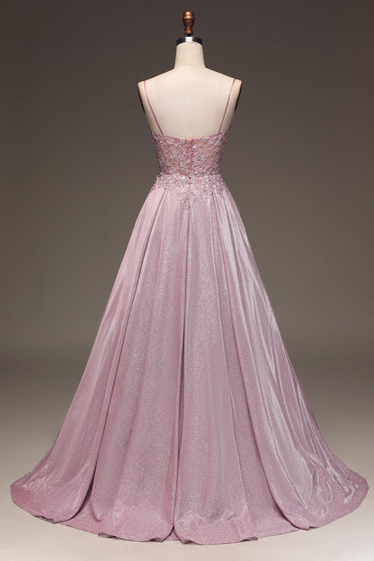 Rosa Abendkleid mit Spaghettiträgern, Glitzerstoff, Rückansicht, bodenlang, elegant.