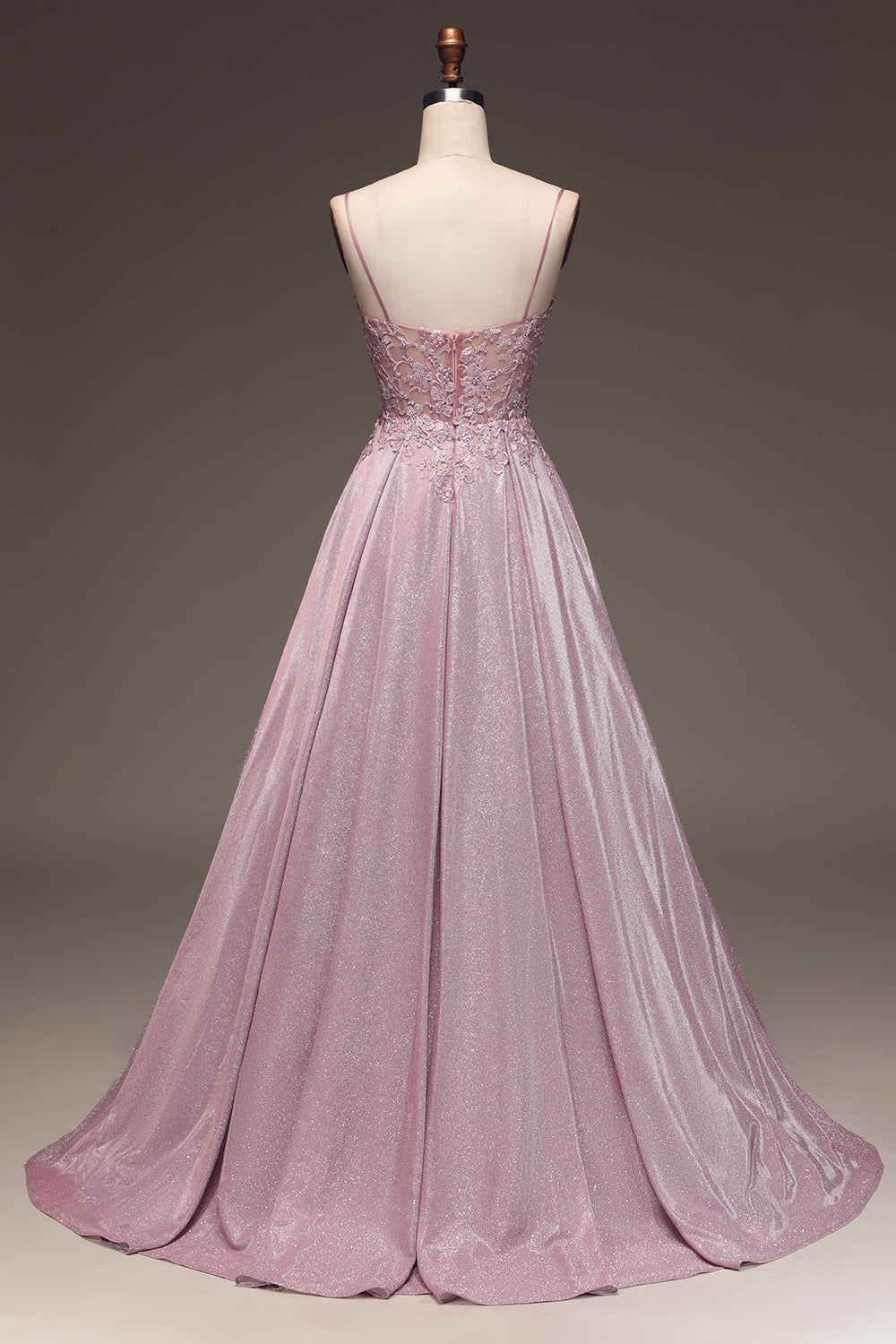 Rosa Abendkleid mit Spaghettiträgern, Glitzerstoff, Rückansicht, bodenlang, elegant.