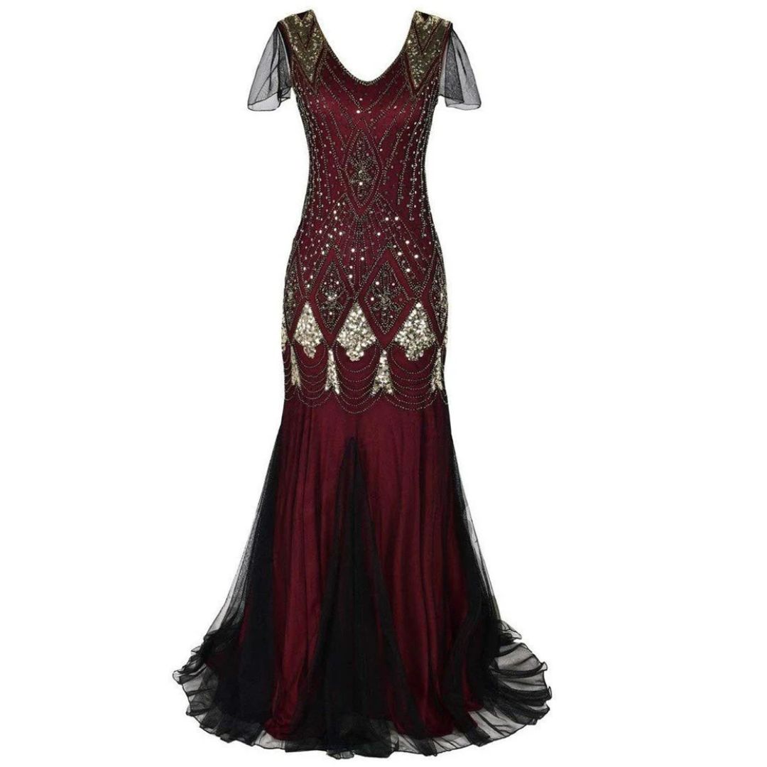 Elegantes Abendkleid, rot-schwarz, Pailletten, V-Ausschnitt, Tüll, bodenlang, Damenmode.