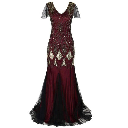 Elegantes Abendkleid, rot-schwarz, Pailletten, V-Ausschnitt, Tüll, bodenlang, Damenmode.
