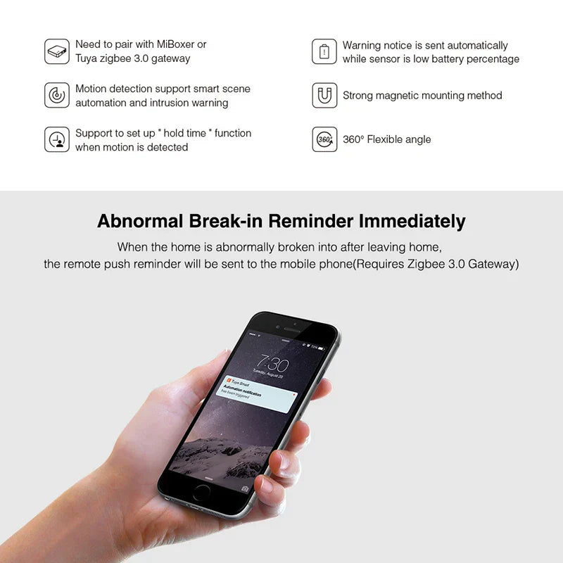 Smartphone mit Einbruchserinnerung, Zigbee 3.0 Gateway erforderlich, Sicherheitsbenachrichtigung.