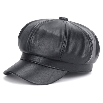 Schwarze Leder-Baker-Boy-Mütze, stilvoll, klassisch, modisches Accessoire für Herren und Damen.
