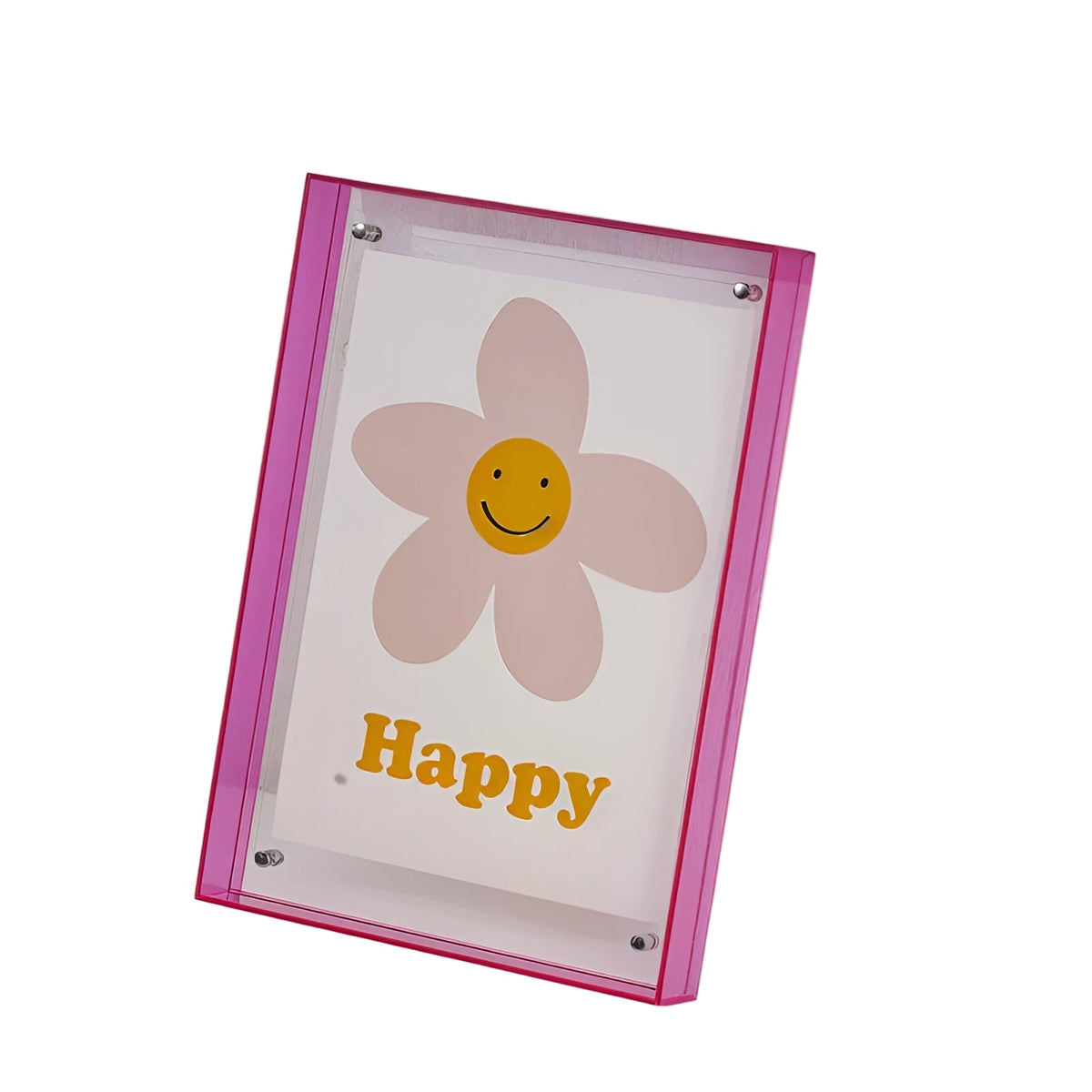 Rosa akrylram fristående mot vit bakgrund med ett blommotiv med leende ansikte, sett lätt vinklat framifrån. 1