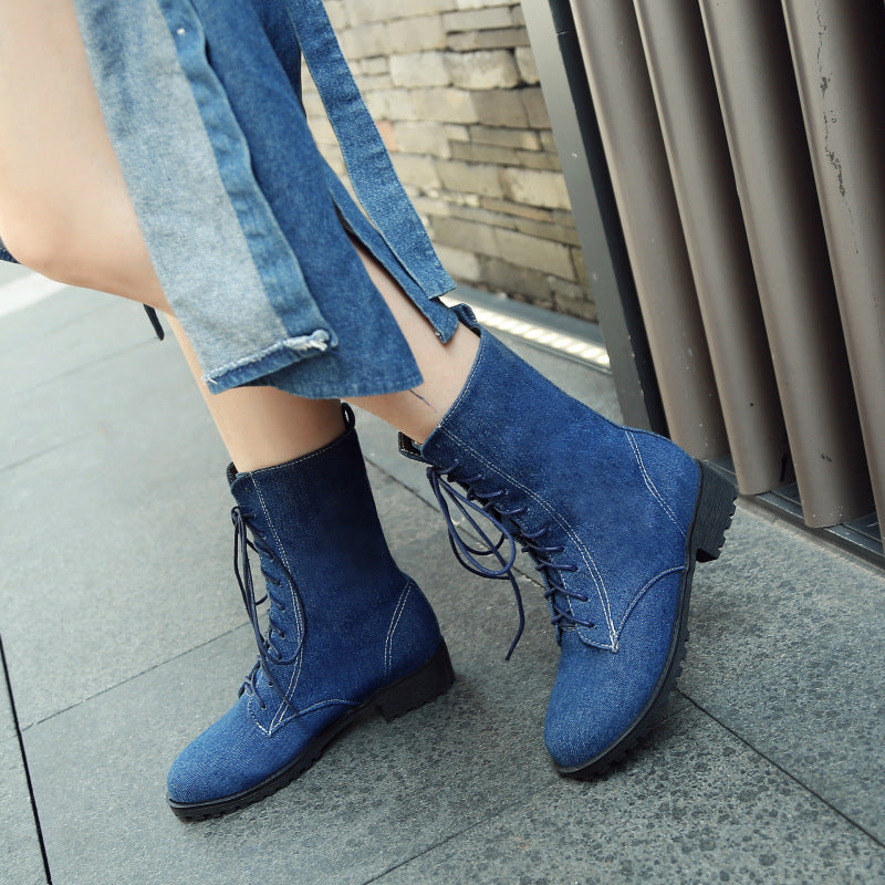 Damen blaue Jeansstiefel mit Schnürung, modisch, robust, ideal für Herbstmode.