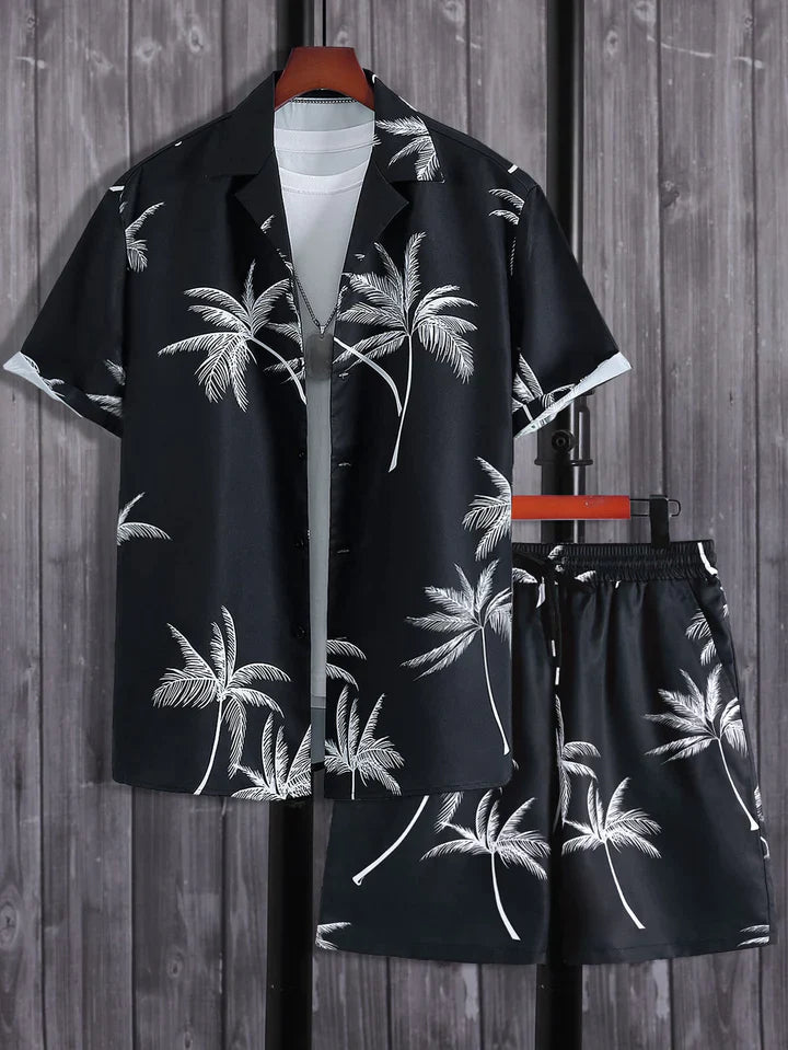 Schwarzer Hawaii-Hemd und Shorts Set mit Palmenmuster, Sommermode, Herrenbekleidung.