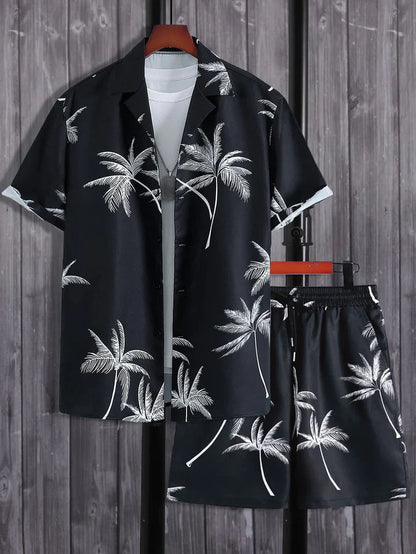 Schwarzer Hawaii-Hemd und Shorts Set mit Palmenmuster, Sommermode, Herrenbekleidung.