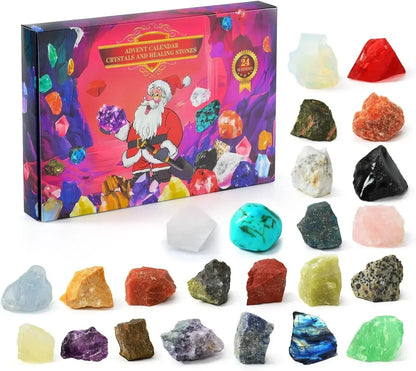 Adventskalender mit Kristallen, Heilsteinen, 24 Stück, bunte Edelsteine, Geschenkbox.