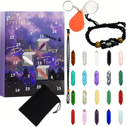Adventskalender mit Kristallen, 24 Türchen, Schmuck, Geschenkset, lila Verpackung.
