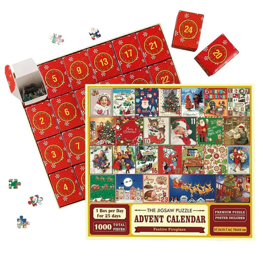 Adventskalender Puzzle, 1000 Teile, Weihnachtsdesign, rot, 25 Tage, Geschenkidee.