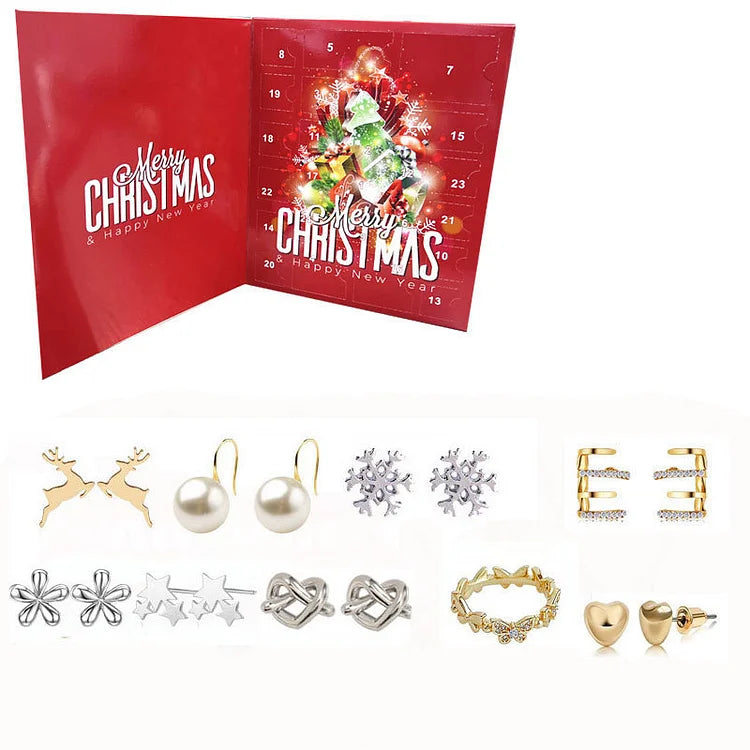 Roter Adventskalender mit verschiedenen Ohrringen, Weihnachtsdesign, Schmuck, festlich.